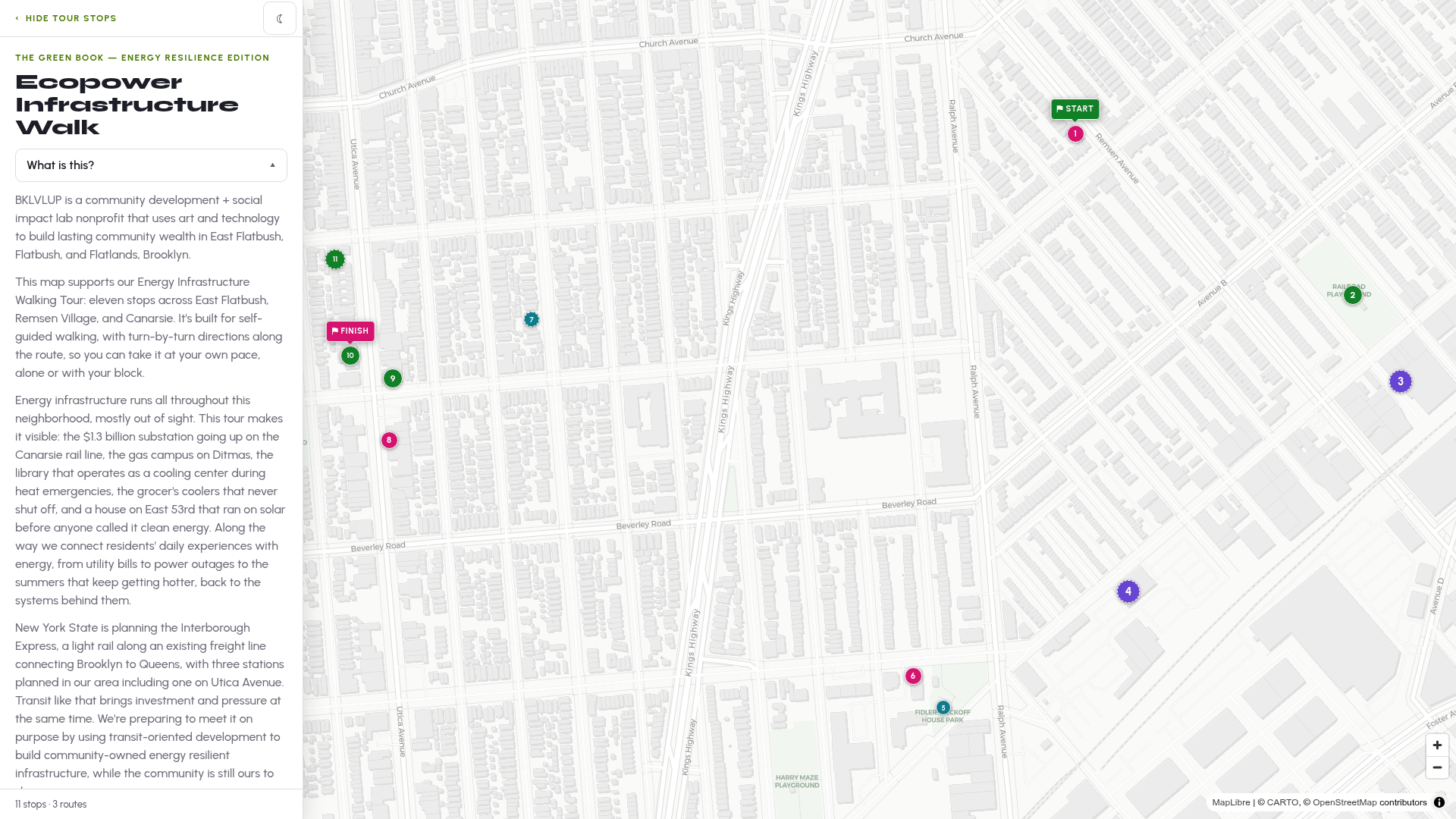 Screenshot of the published Energy Infrastructure Walkshop map of East Flatbush with eleven numbered tour stops.